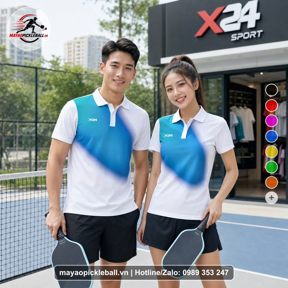 Bộ quần áo pickleball X24-PB-505 trắng, xanh bích, xanh cyan áo có tay có cổ