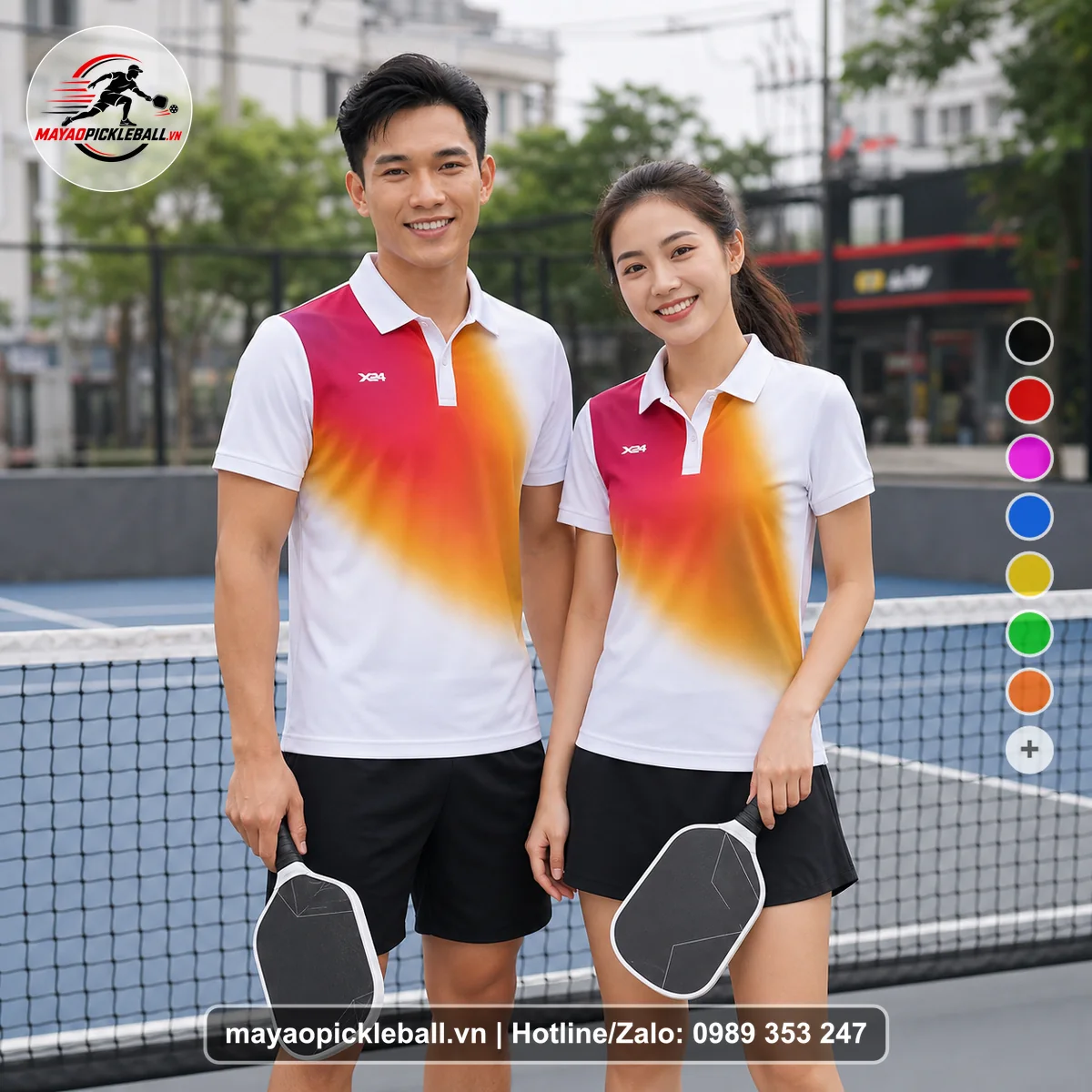 Bộ quần áo pickleball X24-PB-506 trắng, hồng magenta, cam áo có tay có cổ