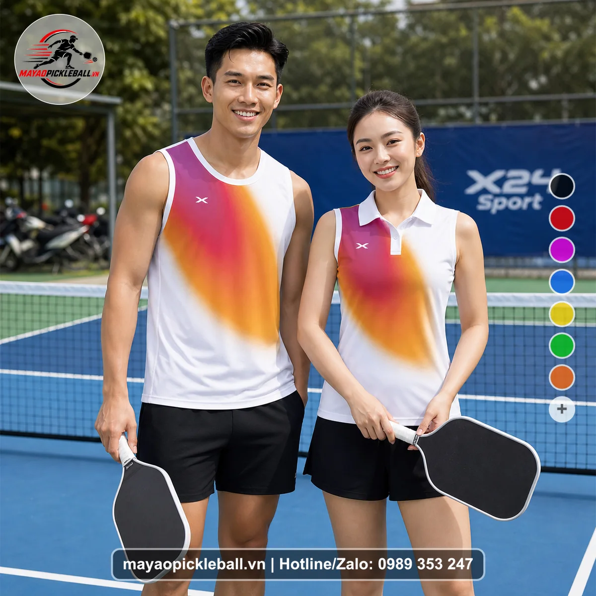 Bộ quần áo pickleball X24-PB-506 trắng, hồng magenta, cam biến thể không ống tay