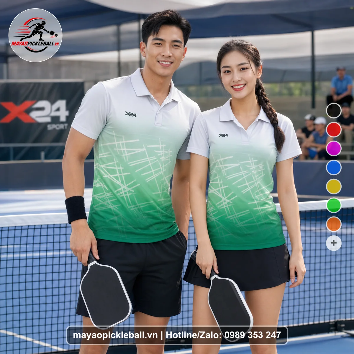 Bộ quần áo pickleball X24-PB-507 trắng, xanh mint, xanh ve chai áo có tay có cổ