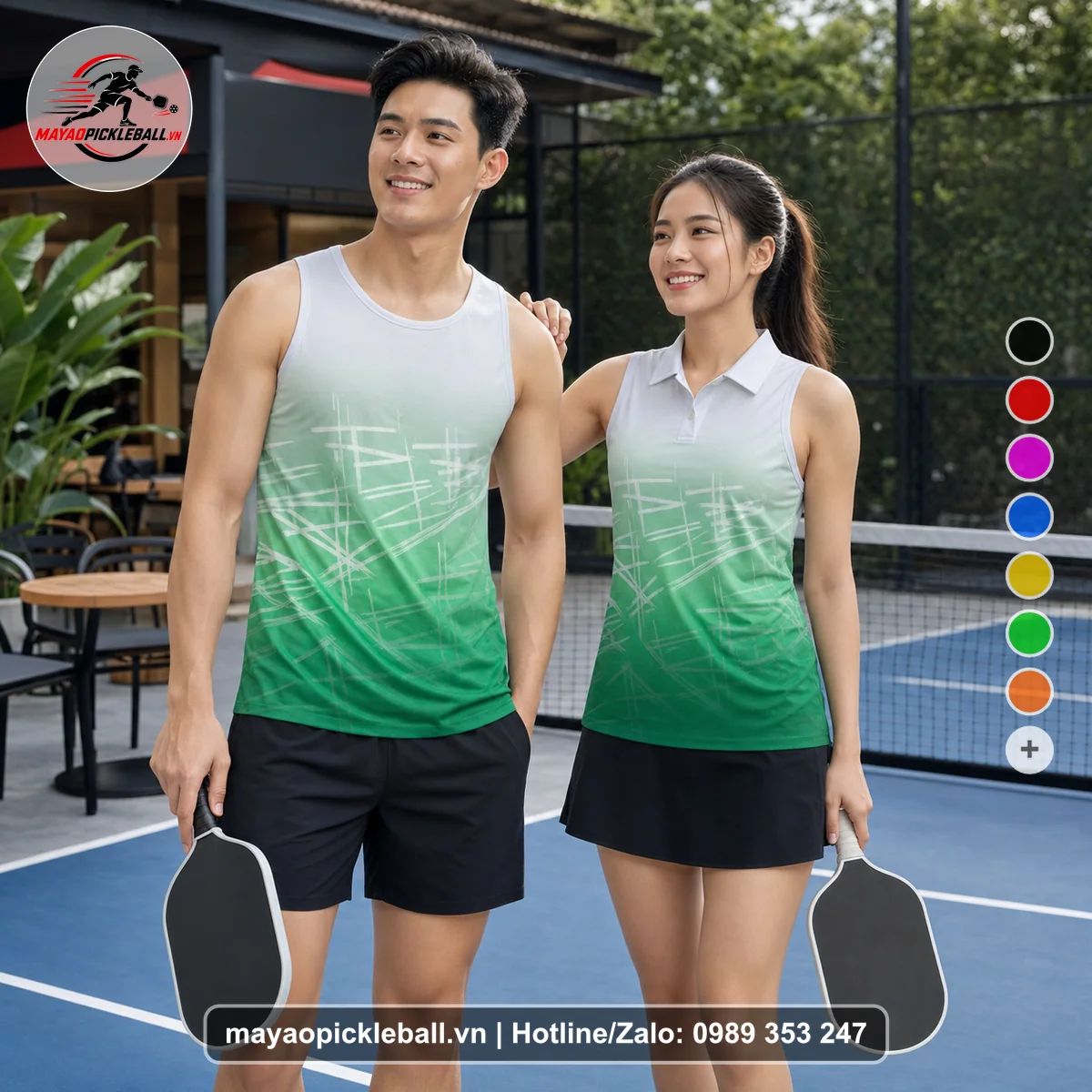 Bộ quần áo pickleball X24-PB-507 trắng, xanh mint, xanh ve chai biến thể không ống tay