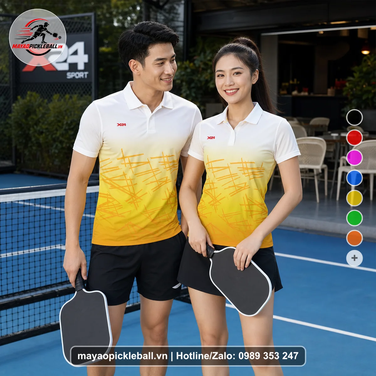 Bộ quần áo pickleball X24-PB-508 trắng, vàng, vàng nhạt áo có tay có cổ