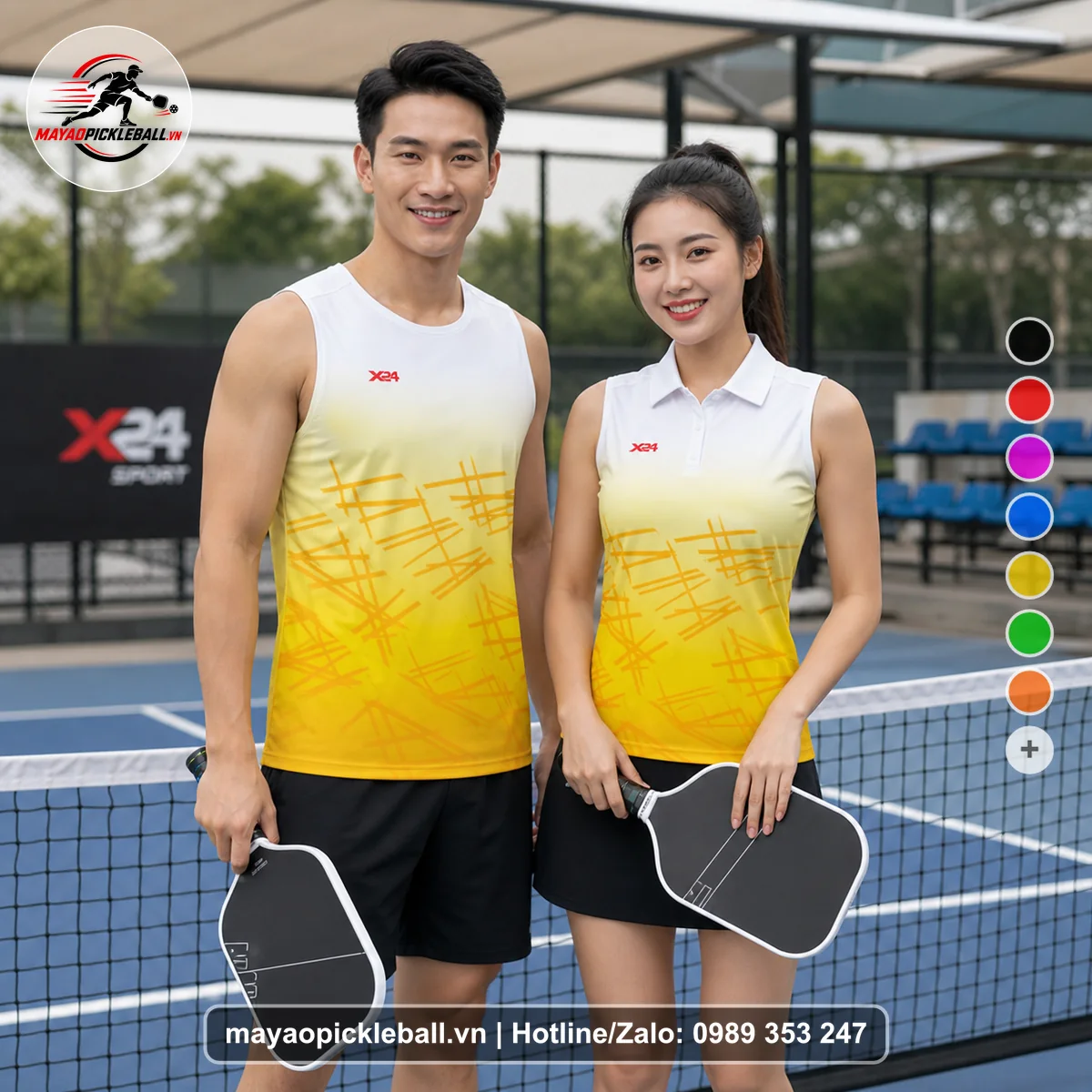 Bộ quần áo pickleball X24-PB-508 trắng, vàng, vàng nhạt biến thể không ống tay