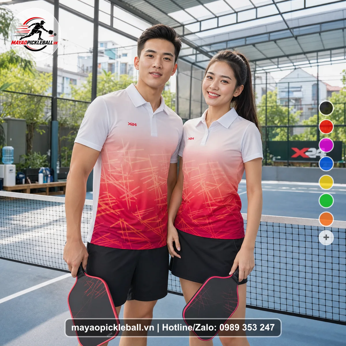 Bộ quần áo pickleball X24-PB-509 trắng, hồng nhạt, đỏ áo có tay có cổ