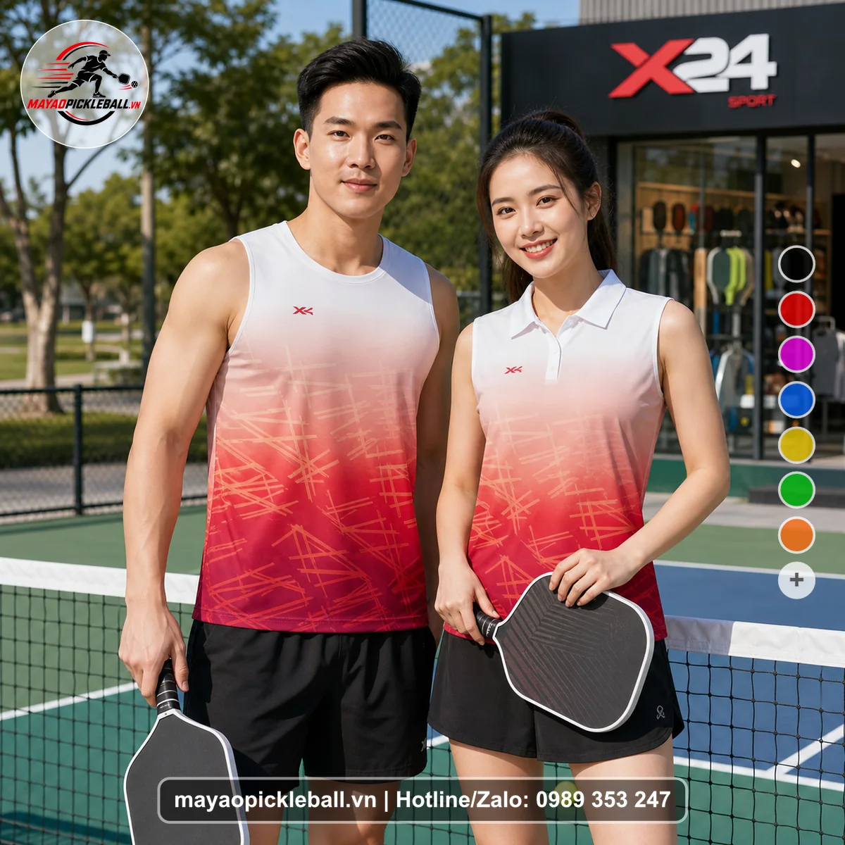 Bộ quần áo pickleball X24-PB-509 trắng, hồng nhạt, đỏ biến thể không ống tay