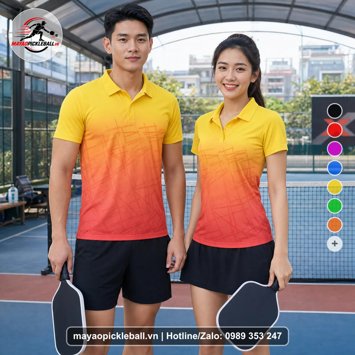 Bộ quần áo pickleball X24-PB-510 cam, vàng, đỏ cam áo có tay có cổ