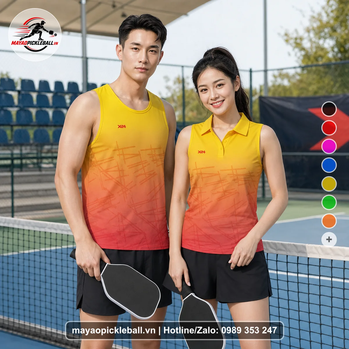 Bộ quần áo pickleball X24-PB-510 cam, vàng, đỏ cam biến thể không ống tay