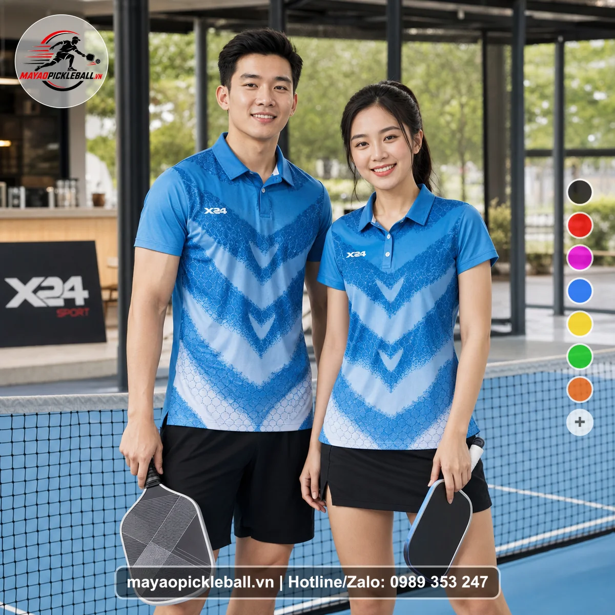 Bộ quần áo pickleball X24-PB-511 xanh, xanh bích, xanh dương áo có tay có cổ
