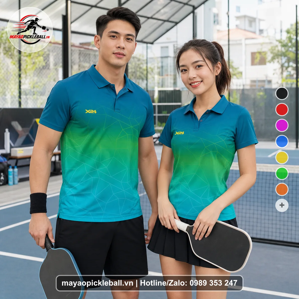 Bộ quần áo pickleball X24-PB-512 xanh teal, xanh lục, xanh cyan áo có tay có cổ