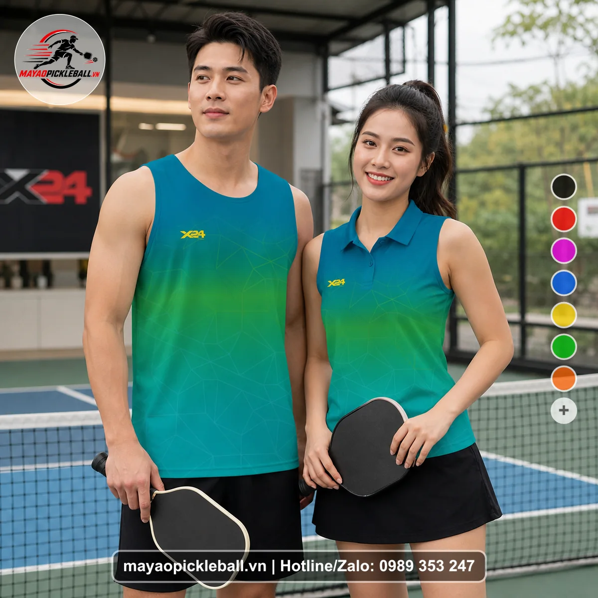 Bộ quần áo pickleball X24-PB-512 xanh teal, xanh lục, xanh cyan biến thể không ống tay