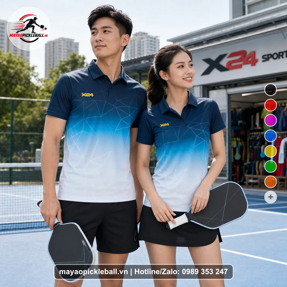 Bộ quần áo pickleball X24-PB-513 xanh navy đậm, xanh cyan, xanh da trời áo có tay có cổ