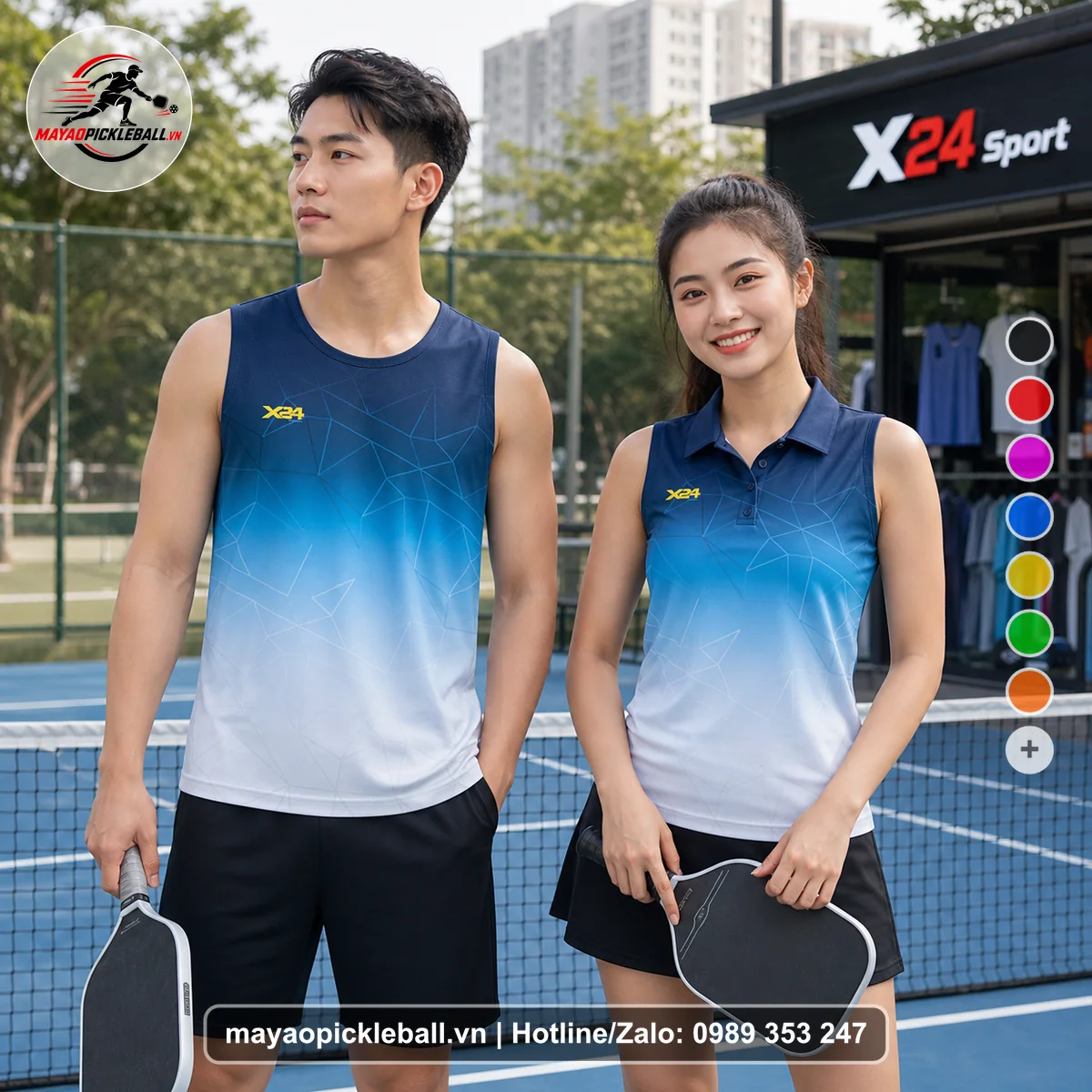 Bộ quần áo pickleball X24-PB-513 xanh navy đậm, xanh cyan, xanh da trời biến thể không ống tay
