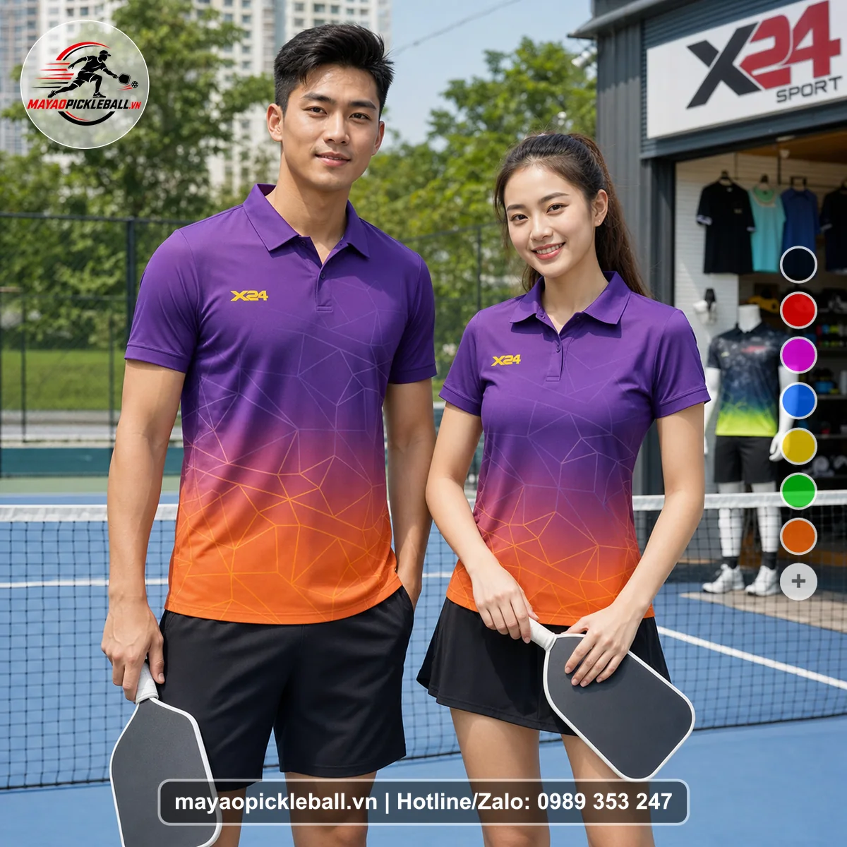 Bộ quần áo pickleball X24-PB-514 tím đậm, tím violet, cam áo có tay có cổ