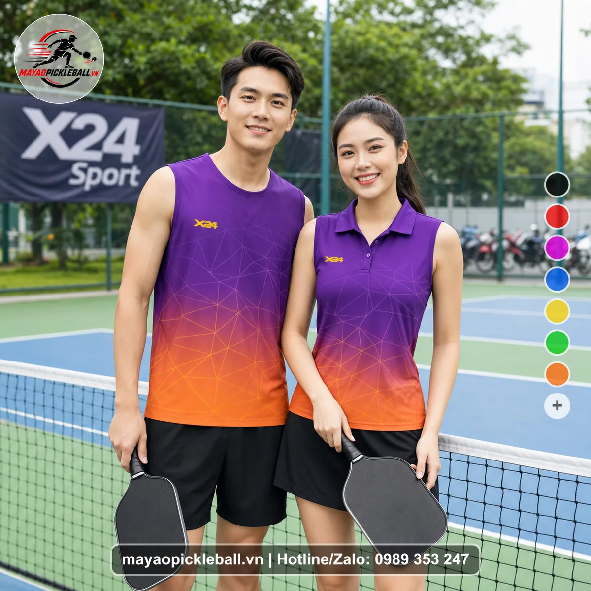 Bộ quần áo pickleball X24-PB-514 tím đậm, tím violet, cam biến thể không ống tay