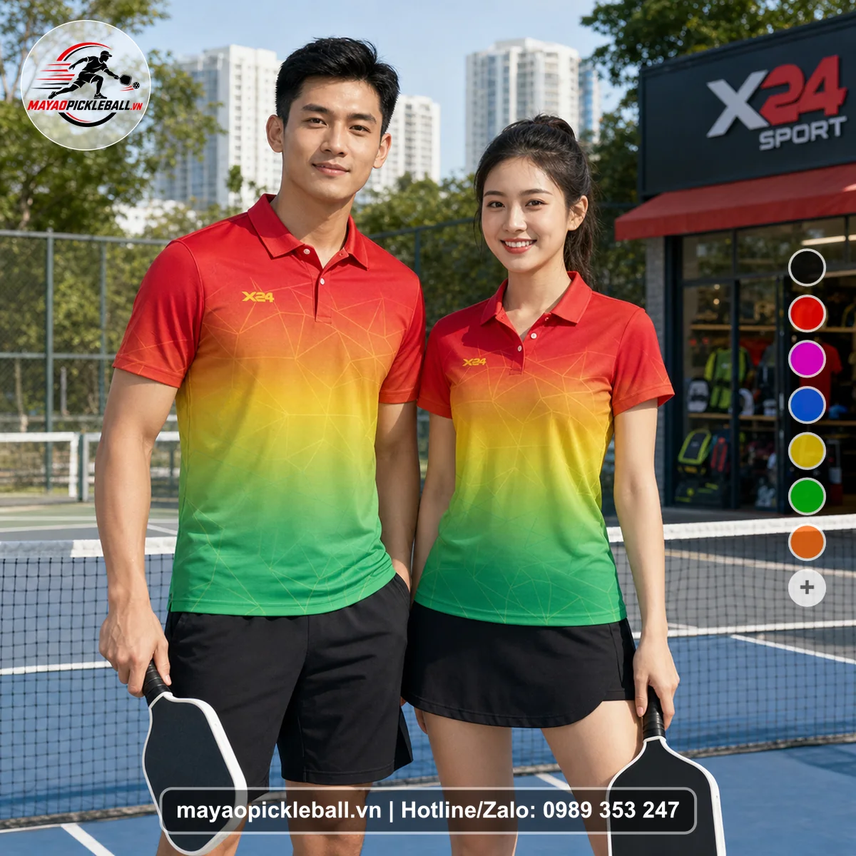Bộ quần áo pickleball X24-PB-515 đỏ, vàng, cam áo có tay có cổ