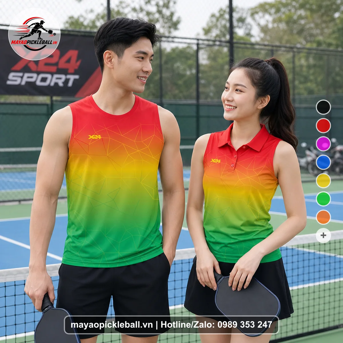 Bộ quần áo pickleball X24-PB-515 đỏ, vàng, cam biến thể không ống tay