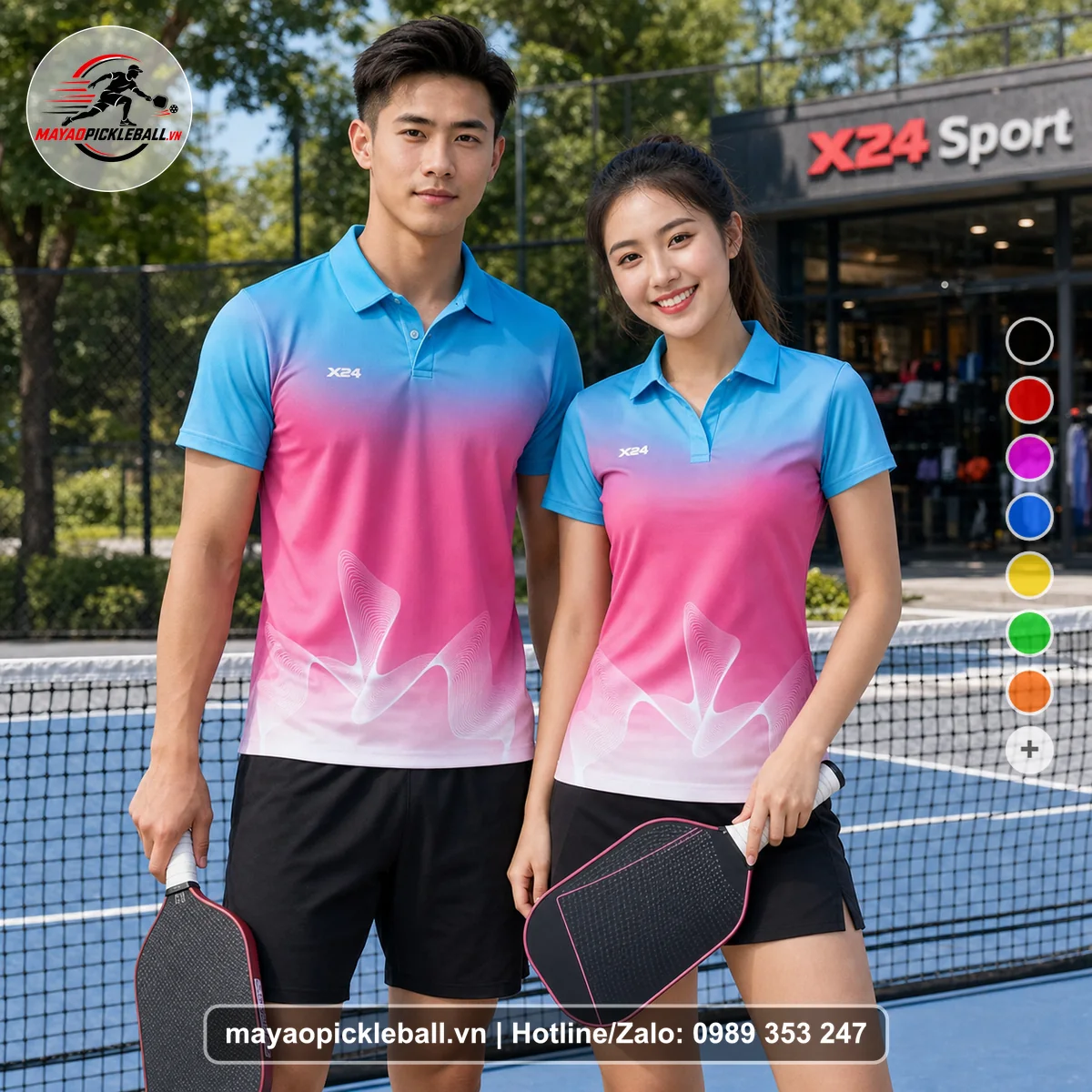 Bộ quần áo pickleball X24-PB-516 xanh cyan, hồng magenta, xanh tím nhạt áo có tay có cổ