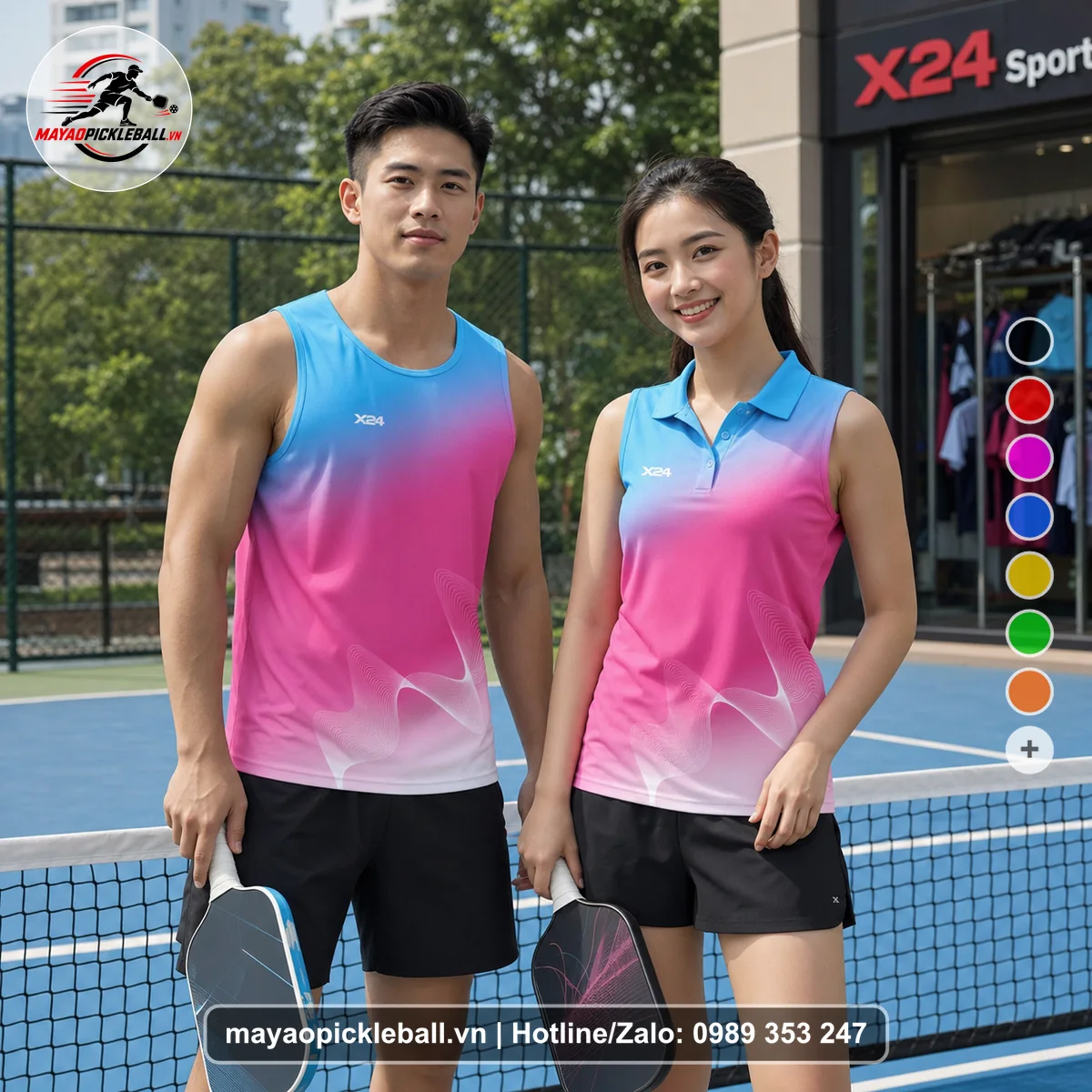 Bộ quần áo pickleball X24-PB-516 xanh cyan, hồng magenta, xanh tím nhạt biến thể không ống tay