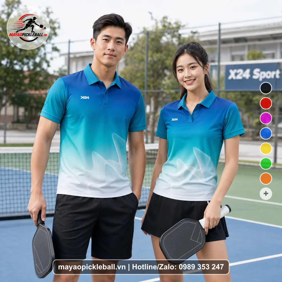 Bộ quần áo pickleball X24-PB-517 xanh cyan, xanh teal, xanh duong dam áo có tay có cổ
