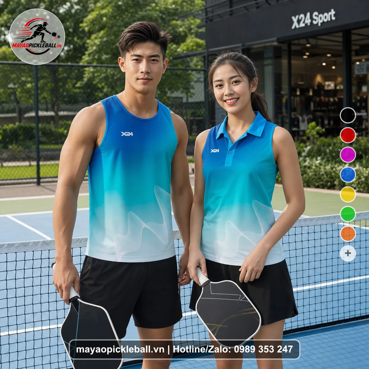 Bộ quần áo pickleball X24-PB-517 xanh cyan, xanh teal, xanh duong dam biến thể không ống tay