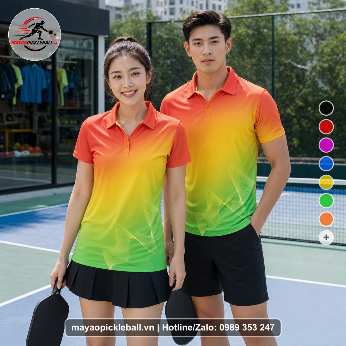 Bộ quần áo pickleball X24-PB-518 đỏ cam, vàng, xanh lá áo có tay có cổ