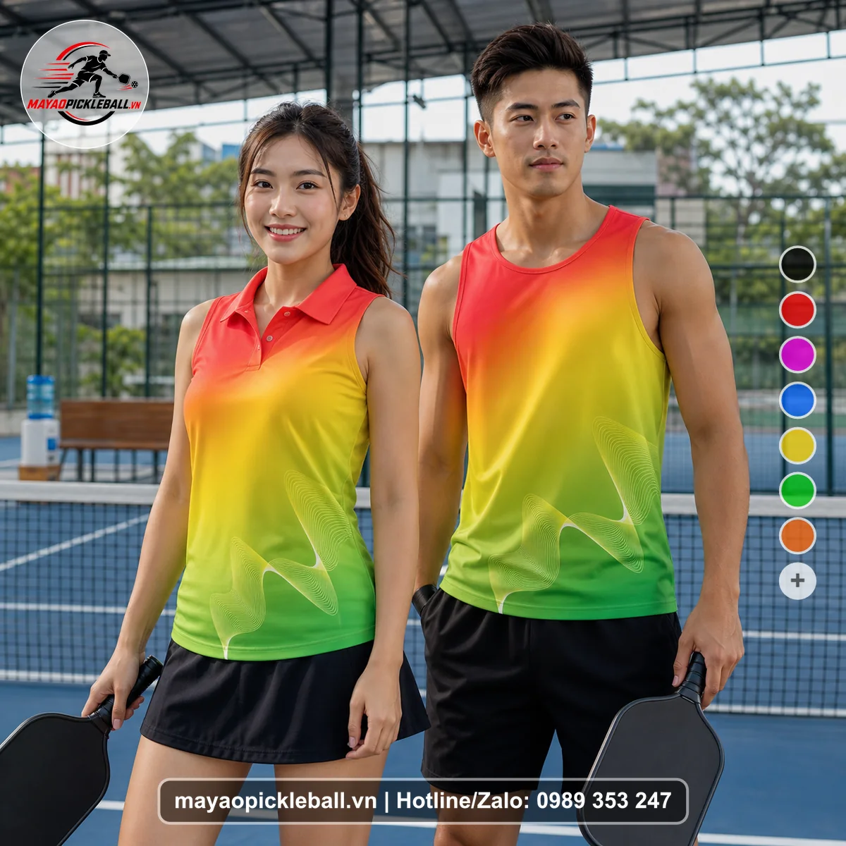 Bộ quần áo pickleball X24-PB-518 đỏ cam, vàng, xanh lá biến thể không ống tay