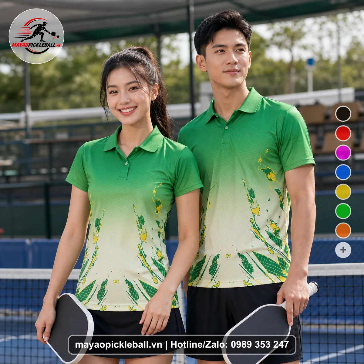 Bộ quần áo pickleball X24-PB-519 xanh lá, vàng nhạt, kem áo có tay có cổ
