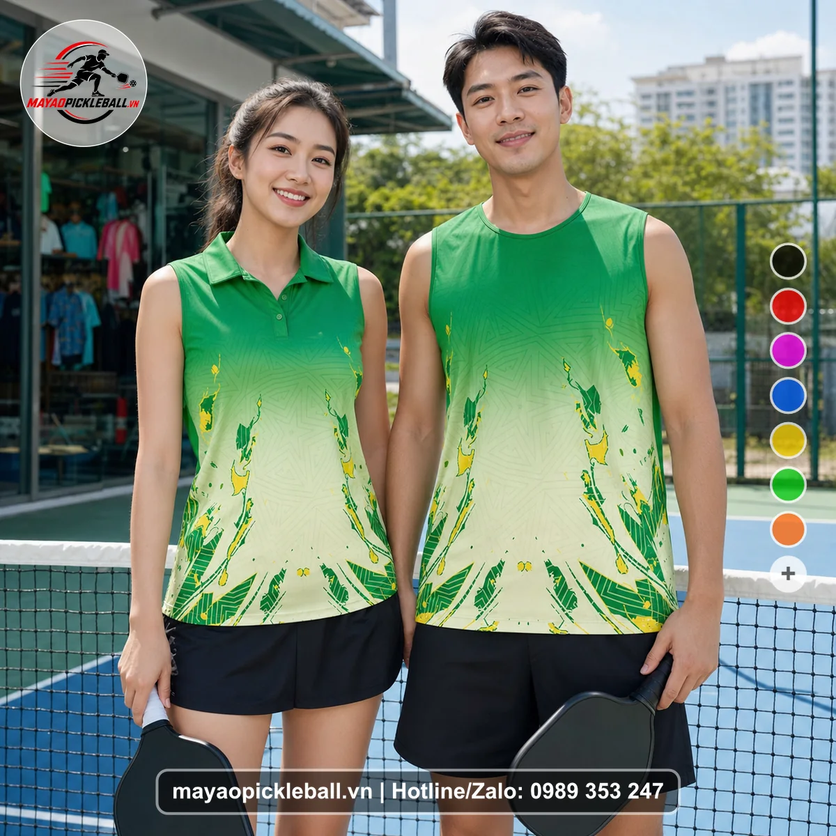 Bộ quần áo pickleball X24-PB-519 xanh lá, vàng nhạt, kem biến thể không ống tay