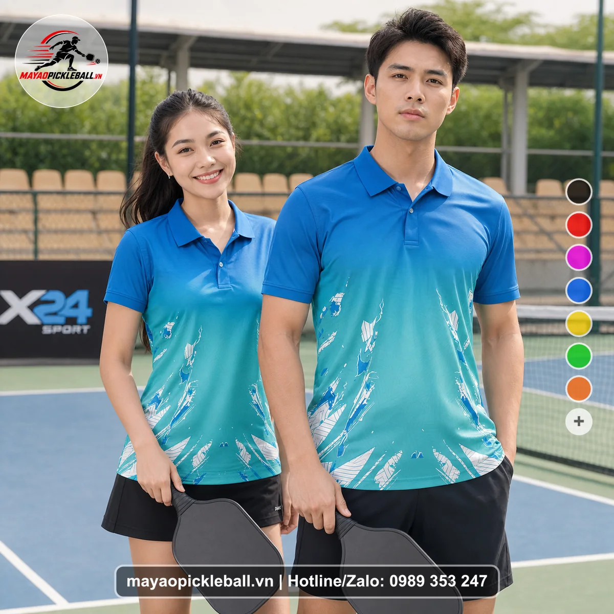 Bộ quần áo pickleball X24-PB-520 xanh dương, xanh teal, xanh aqua áo có tay có cổ