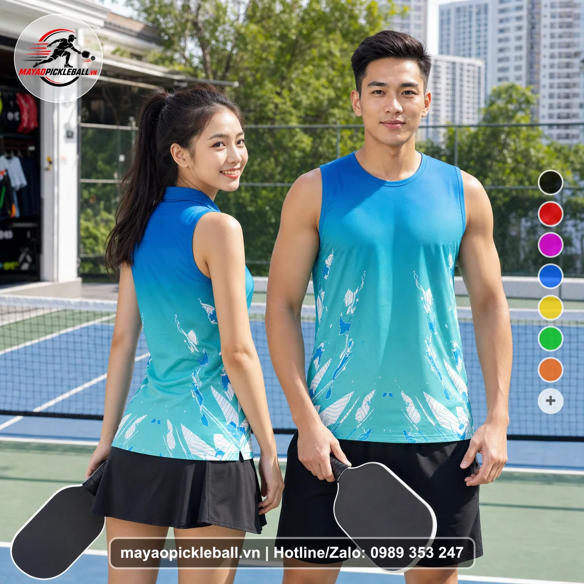 Bộ quần áo pickleball X24-PB-520 xanh dương, xanh teal, xanh aqua biến thể không ống tay