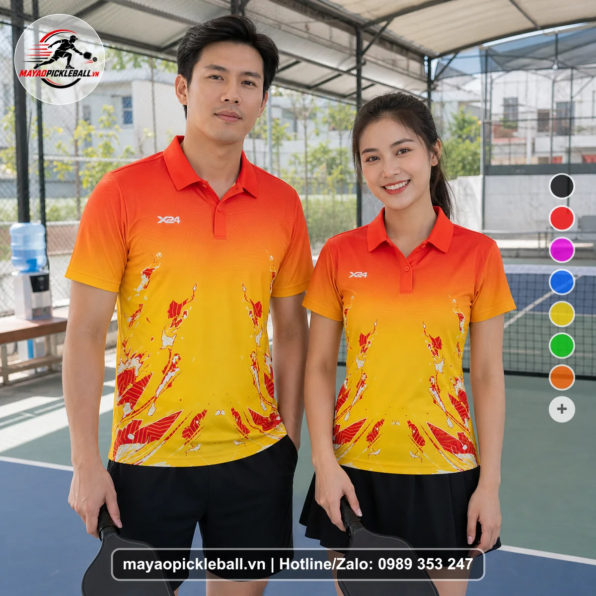 Bộ quần áo pickleball X24-PB-521 vàng, cam, đỏ áo có tay có cổ