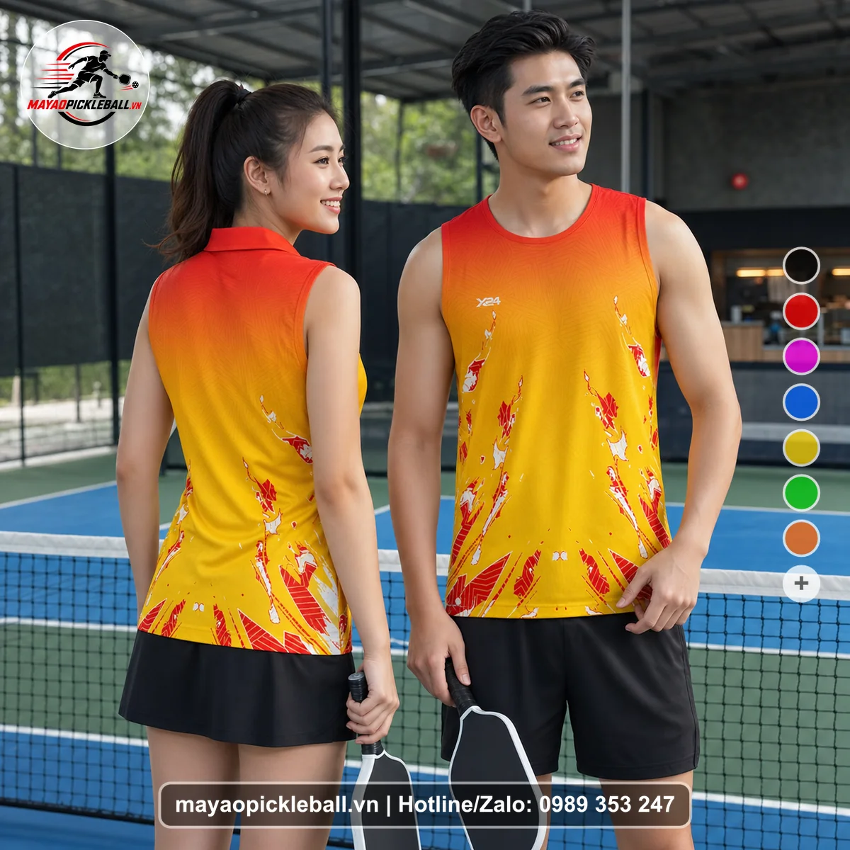 Bộ quần áo pickleball X24-PB-521 vàng, cam, đỏ biến thể không ống tay