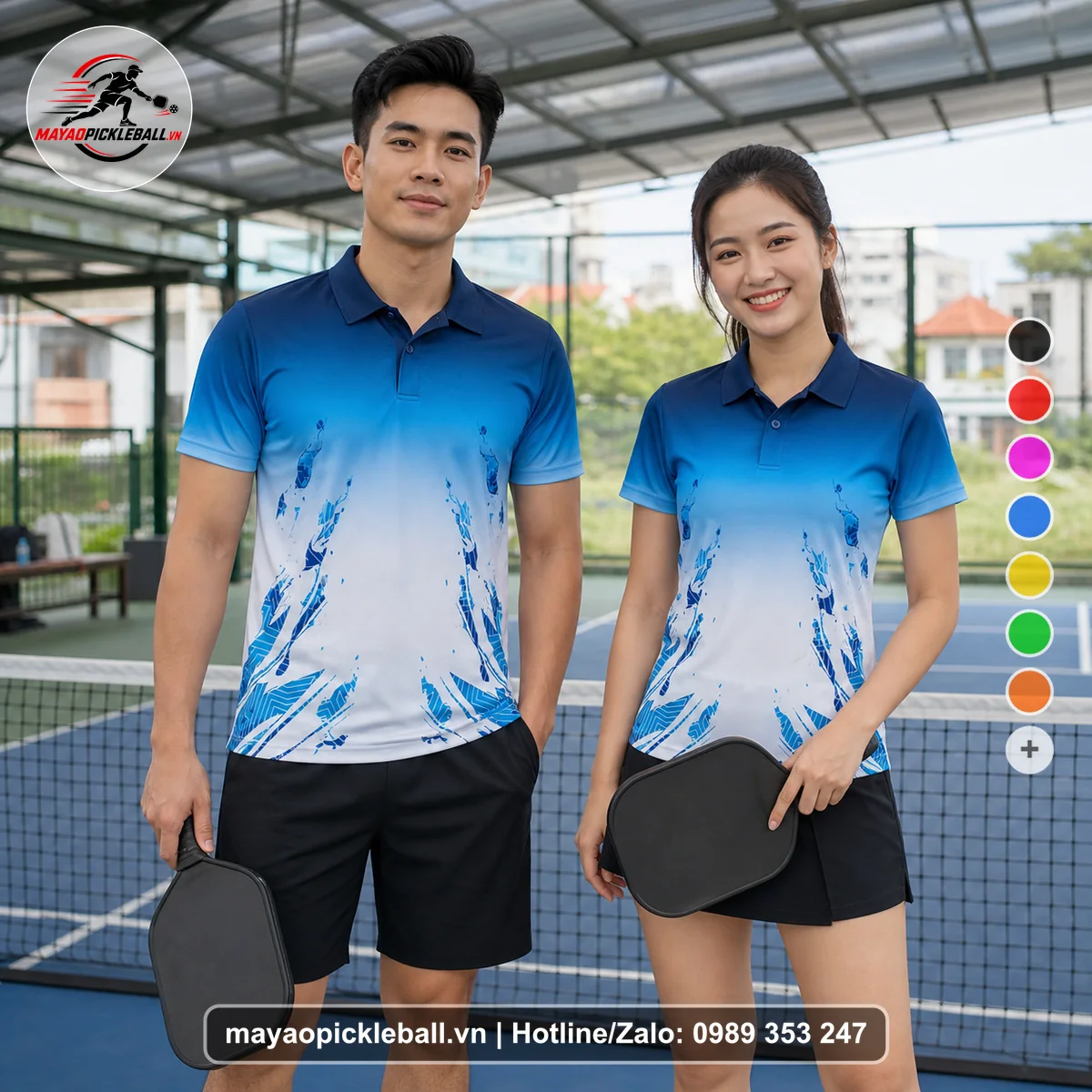 Bộ quần áo pickleball X24-PB-522 xanh navy, xanh cyan, trắng áo có tay có cổ