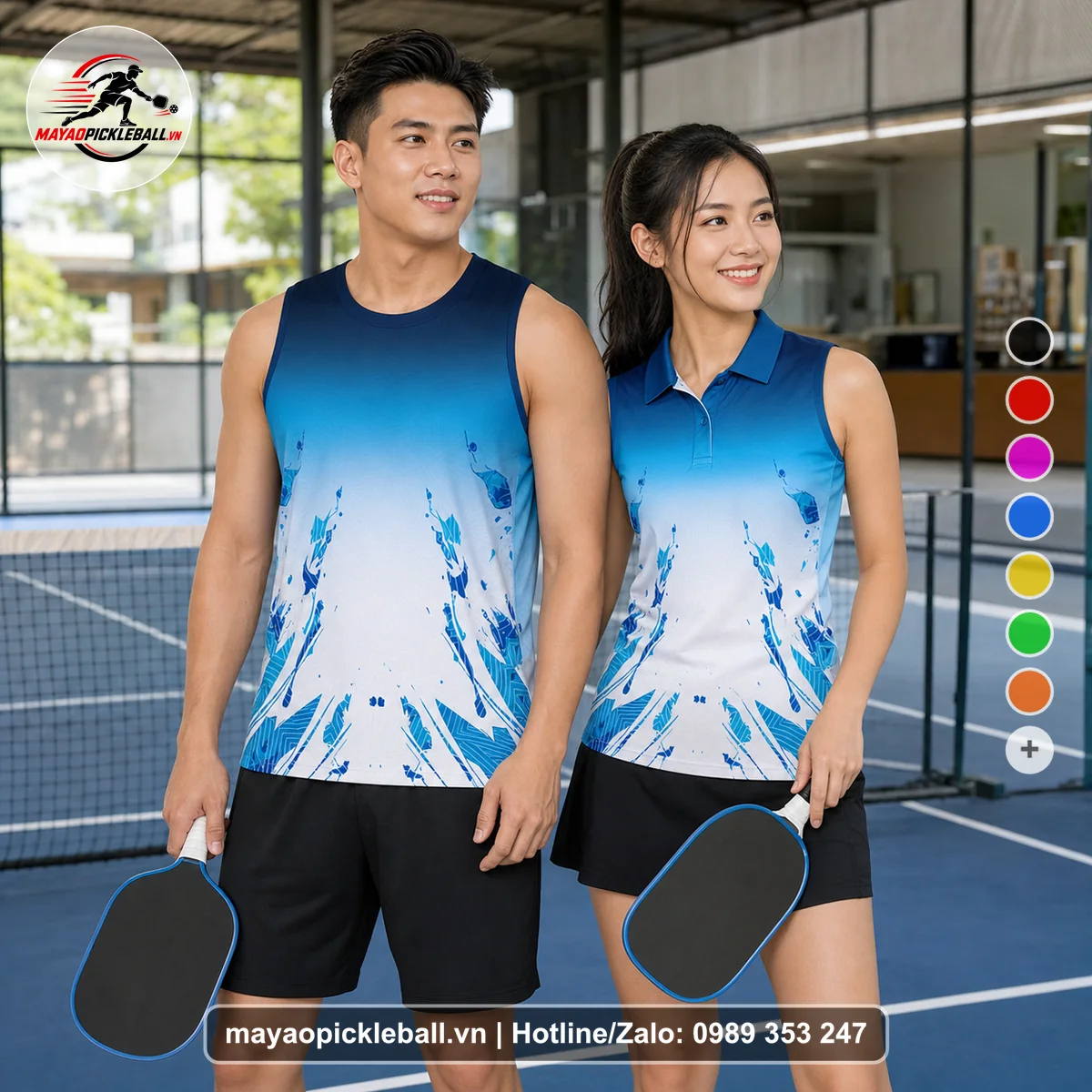 Bộ quần áo pickleball X24-PB-522 xanh navy, xanh cyan, trắng biến thể không ống tay