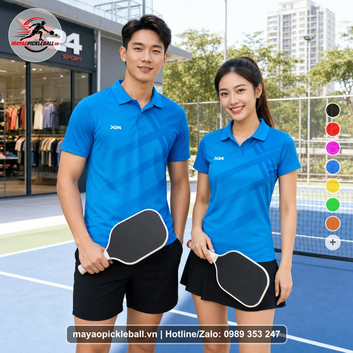 Bộ quần áo pickleball X24-PB-524 xanh ya, xanh cyan, xanh đậm áo có tay có cổ