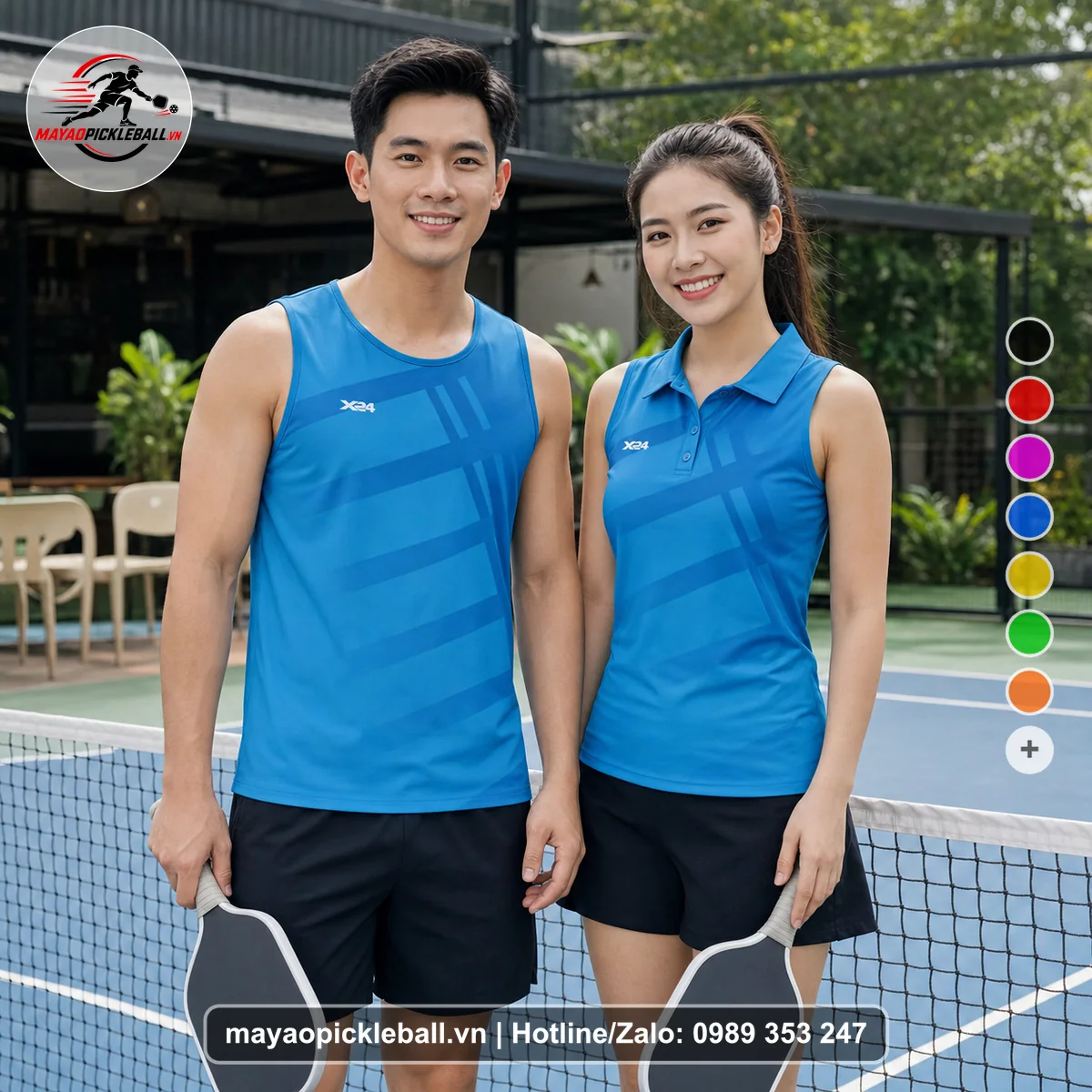 Bộ quần áo pickleball X24-PB-524 xanh ya, xanh cyan, xanh đậm biến thể không ống tay