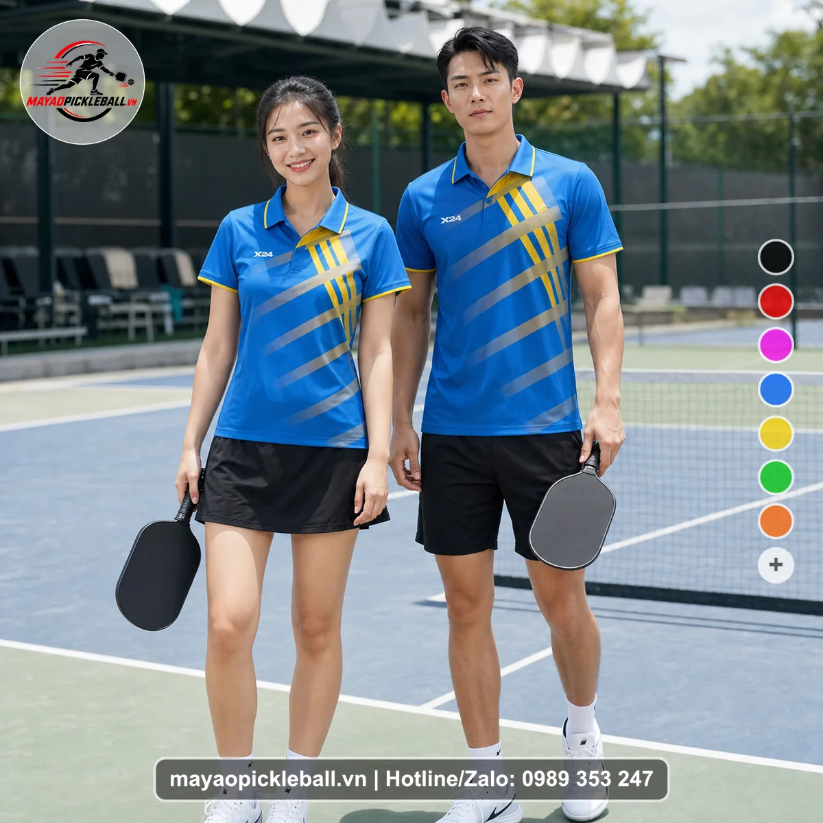 Bộ quần áo pickleball X24-PB-525 xanh bích, vàng, xám áo có tay có cổ