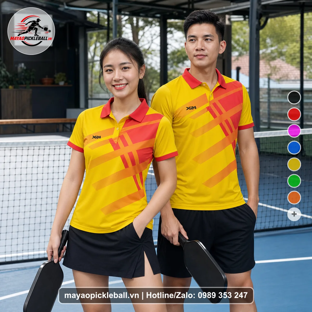 Bộ quần áo pickleball X24-PB-526 vàng, đỏ, cam áo có tay có cổ