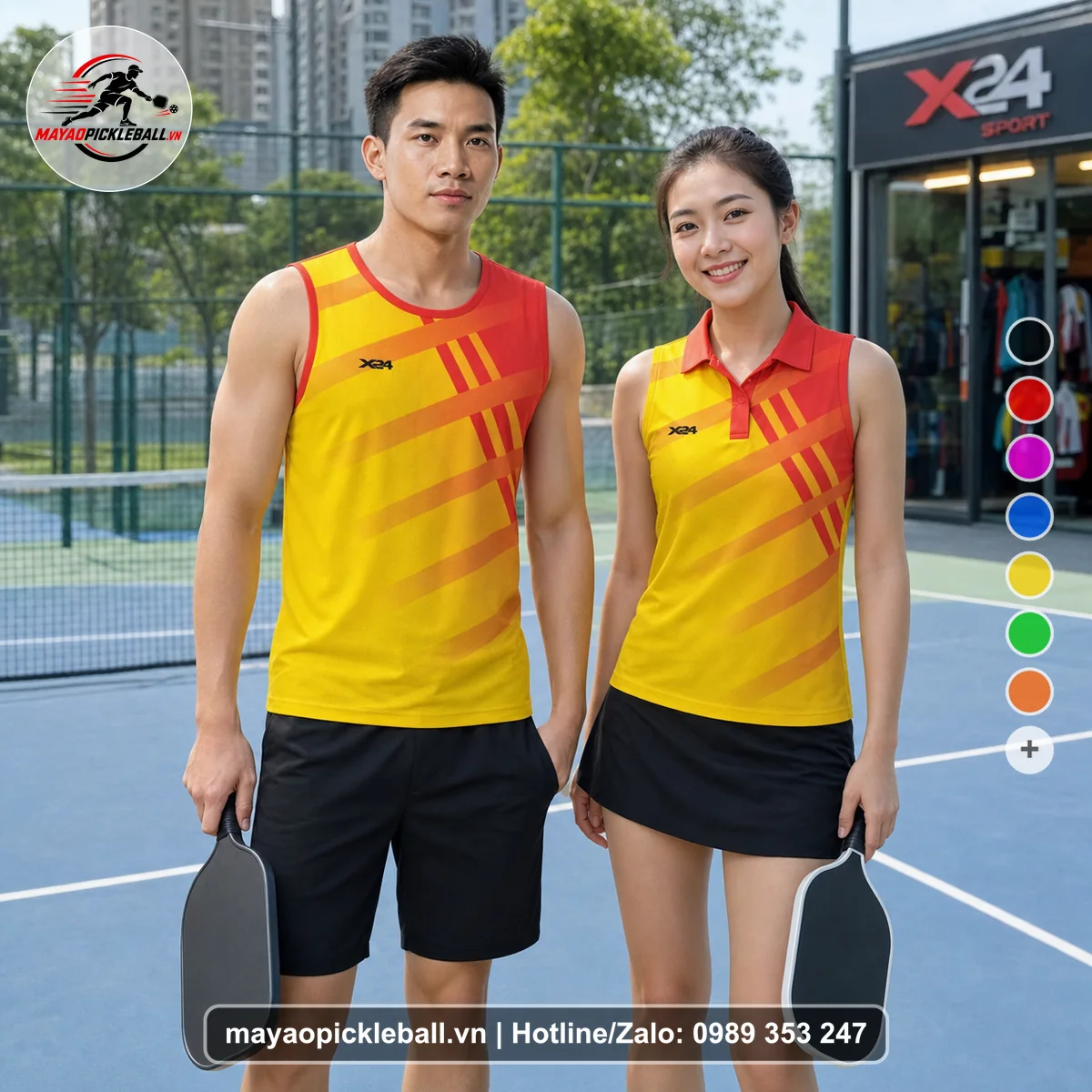 Bộ quần áo pickleball X24-PB-526 vàng, đỏ, cam biến thể không ống tay