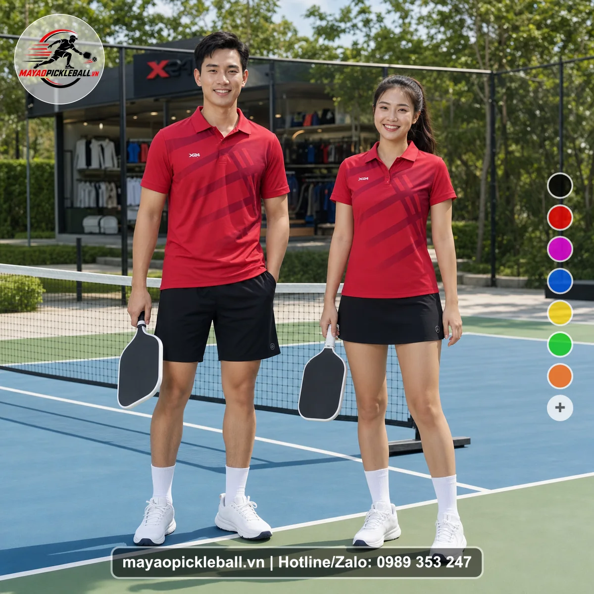 Bộ quần áo pickleball X24-PB-527 đỏ, đỏ ruby, đỏ burgundy áo có tay có cổ