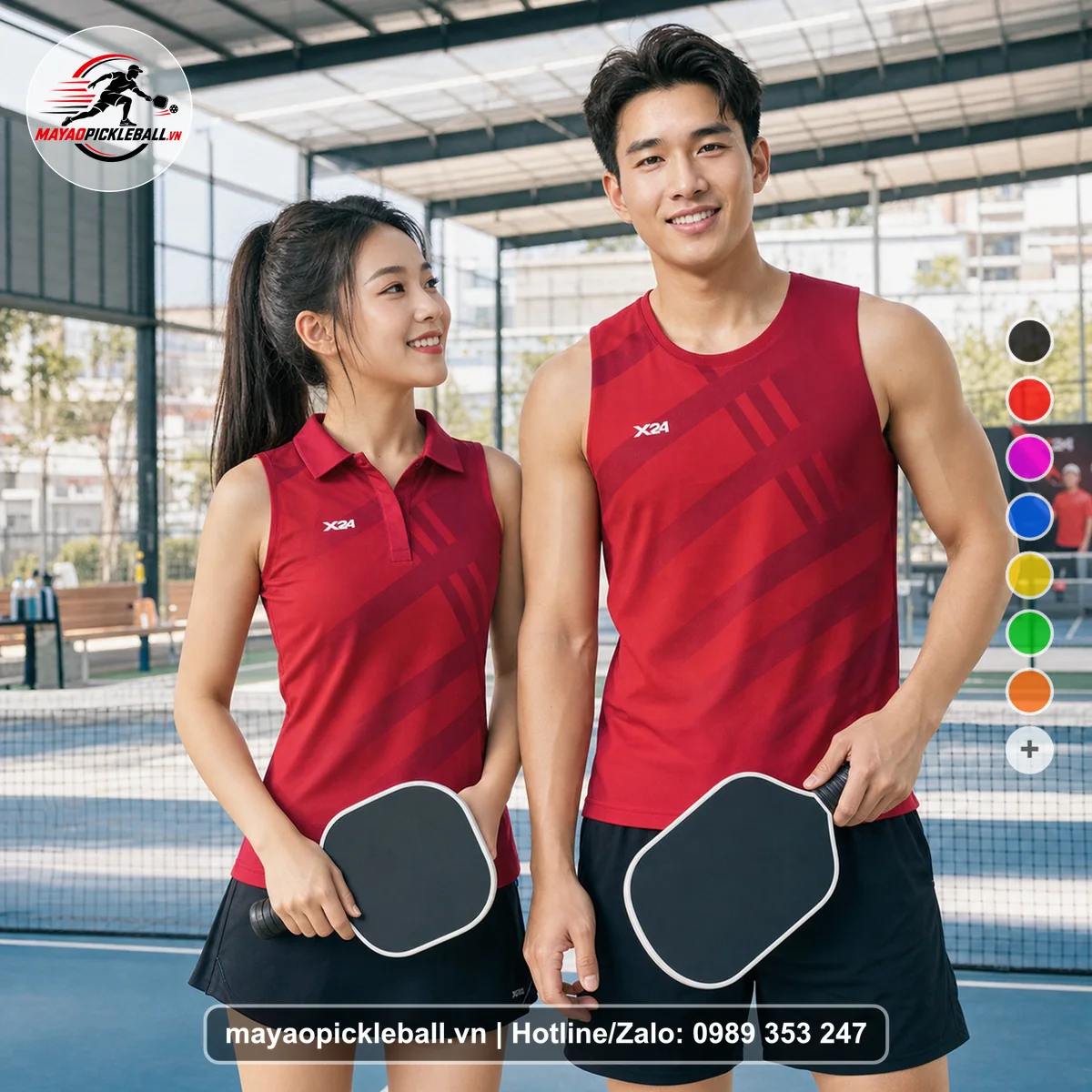 Bộ quần áo pickleball X24-PB-527 đỏ, đỏ ruby, đỏ burgundy biến thể không ống tay