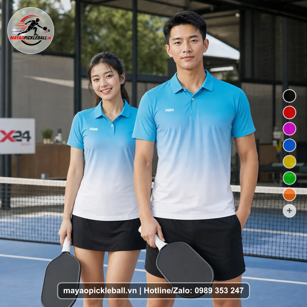 Bộ quần áo pickleball X24-PB-528 trắng, xanh cyan, xanh da trời áo có tay có cổ
