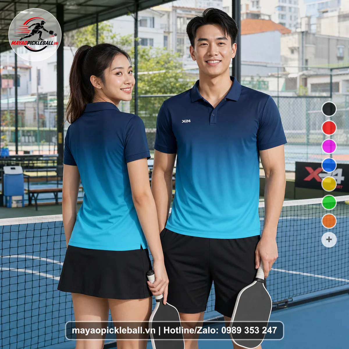 Bộ quần áo pickleball X24-PB-529 tím than, xanh teal, xanh cyan áo có tay có cổ
