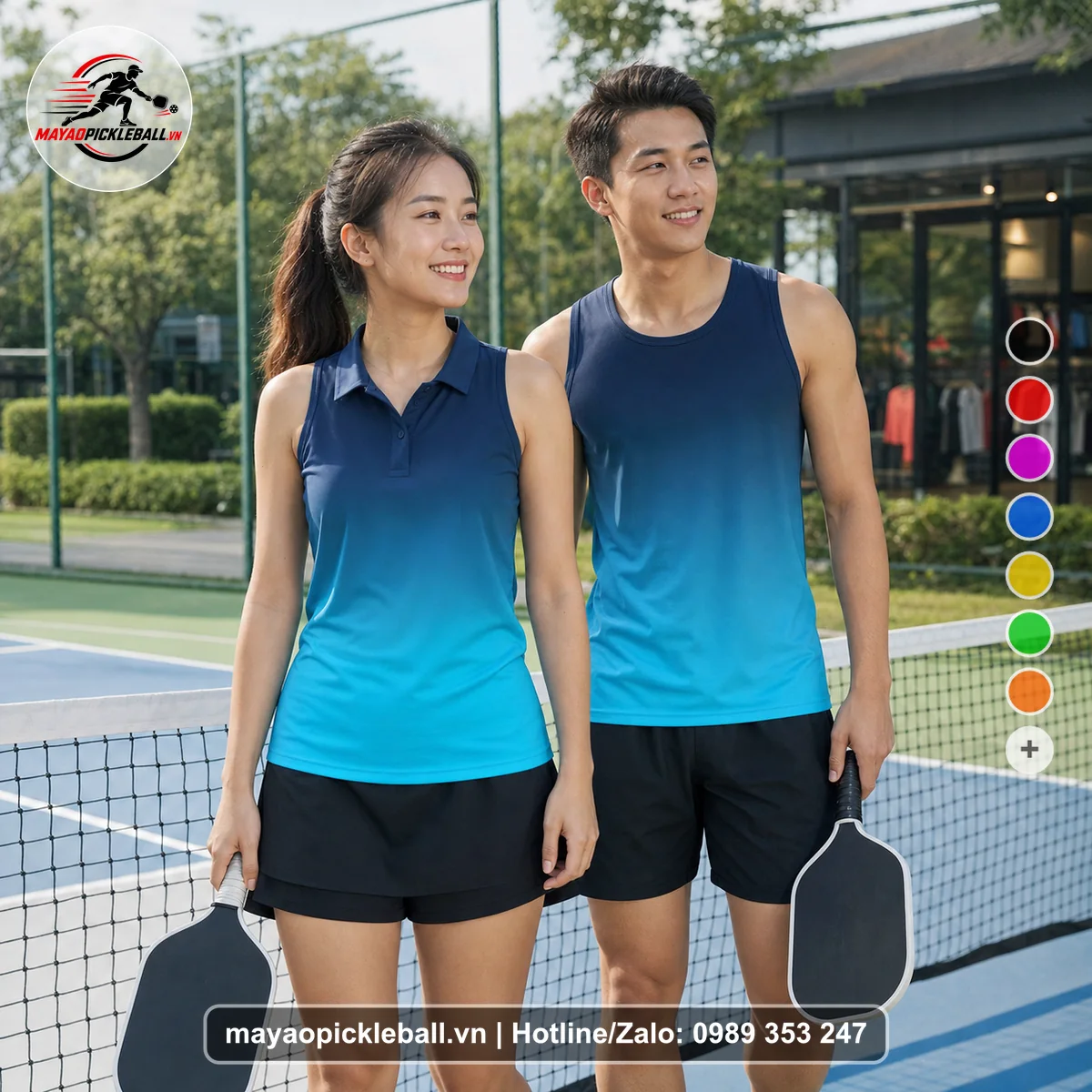 Bộ quần áo pickleball X24-PB-529 tím than, xanh teal, xanh cyan biến thể không ống tay