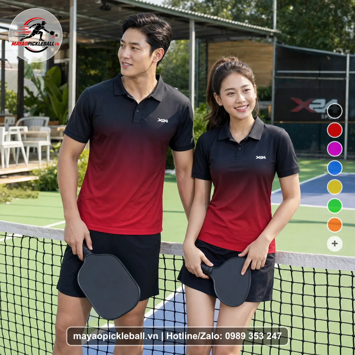 Bộ quần áo pickleball X24-PB-530 đen, đỏ burgundy, đỏ ruby áo có tay có cổ