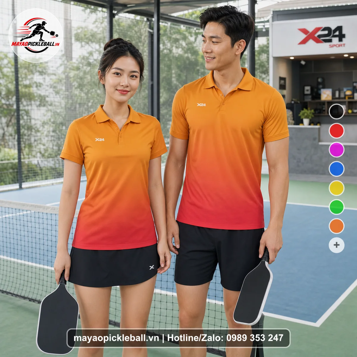 Bộ quần áo pickleball X24-PB-531 cam, đỏ, hồng đỏ áo có tay có cổ