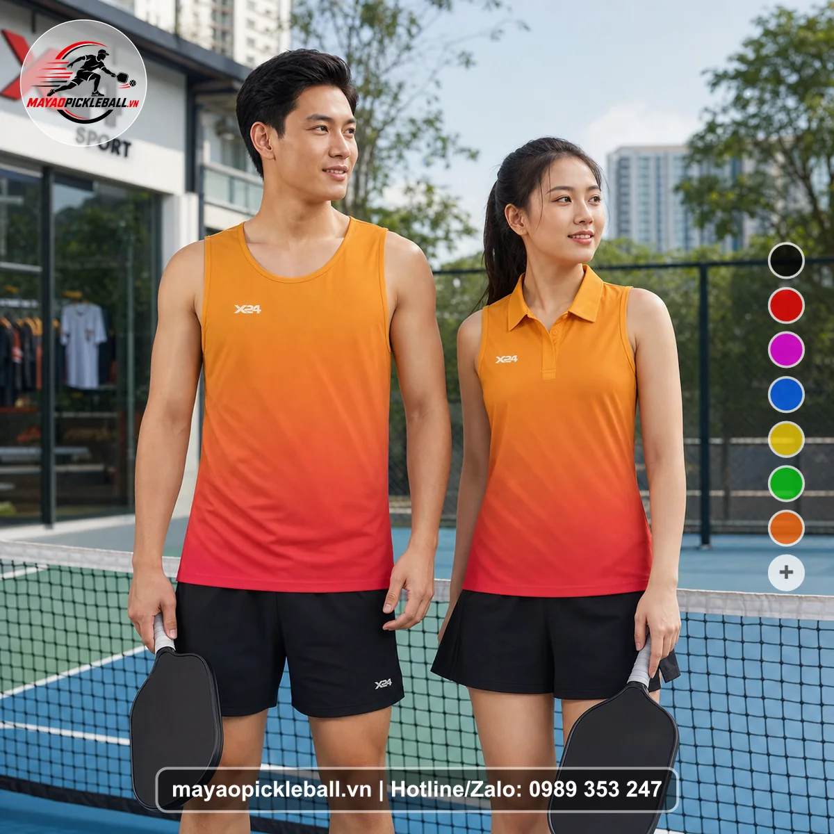 Bộ quần áo pickleball X24-PB-531 cam, đỏ, hồng đỏ biến thể không ống tay