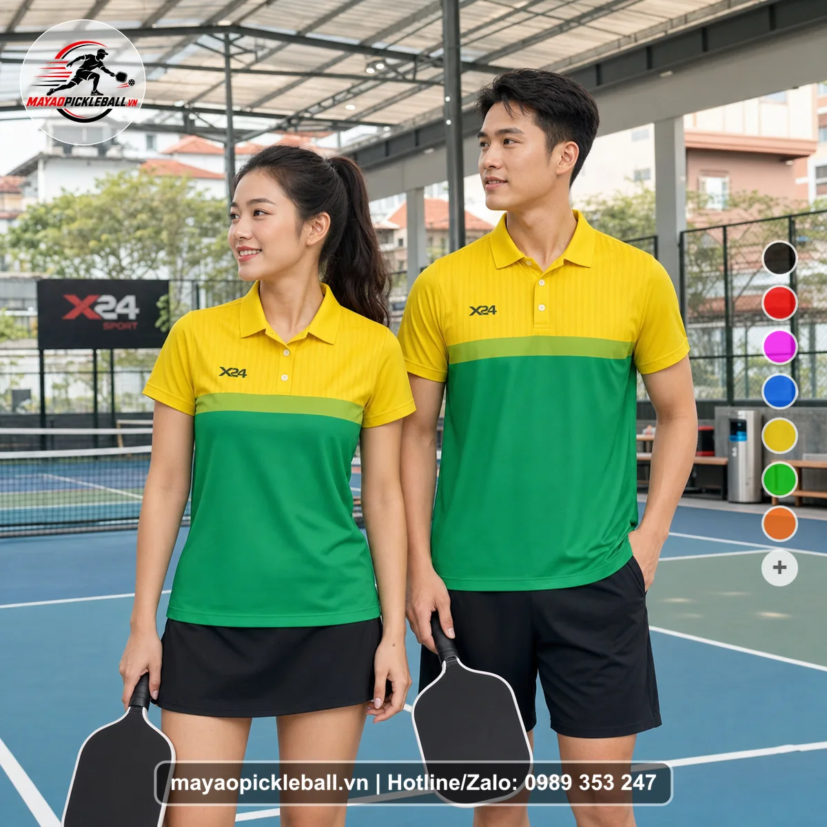 Bộ quần áo pickleball X24-PB-532 xanh két, vàng, xanh rêu áo có tay có cổ