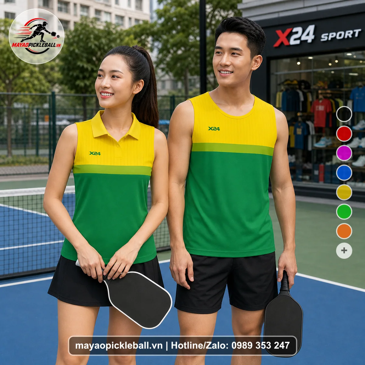 Bộ quần áo pickleball X24-PB-532 xanh két, vàng, xanh rêu biến thể không ống tay