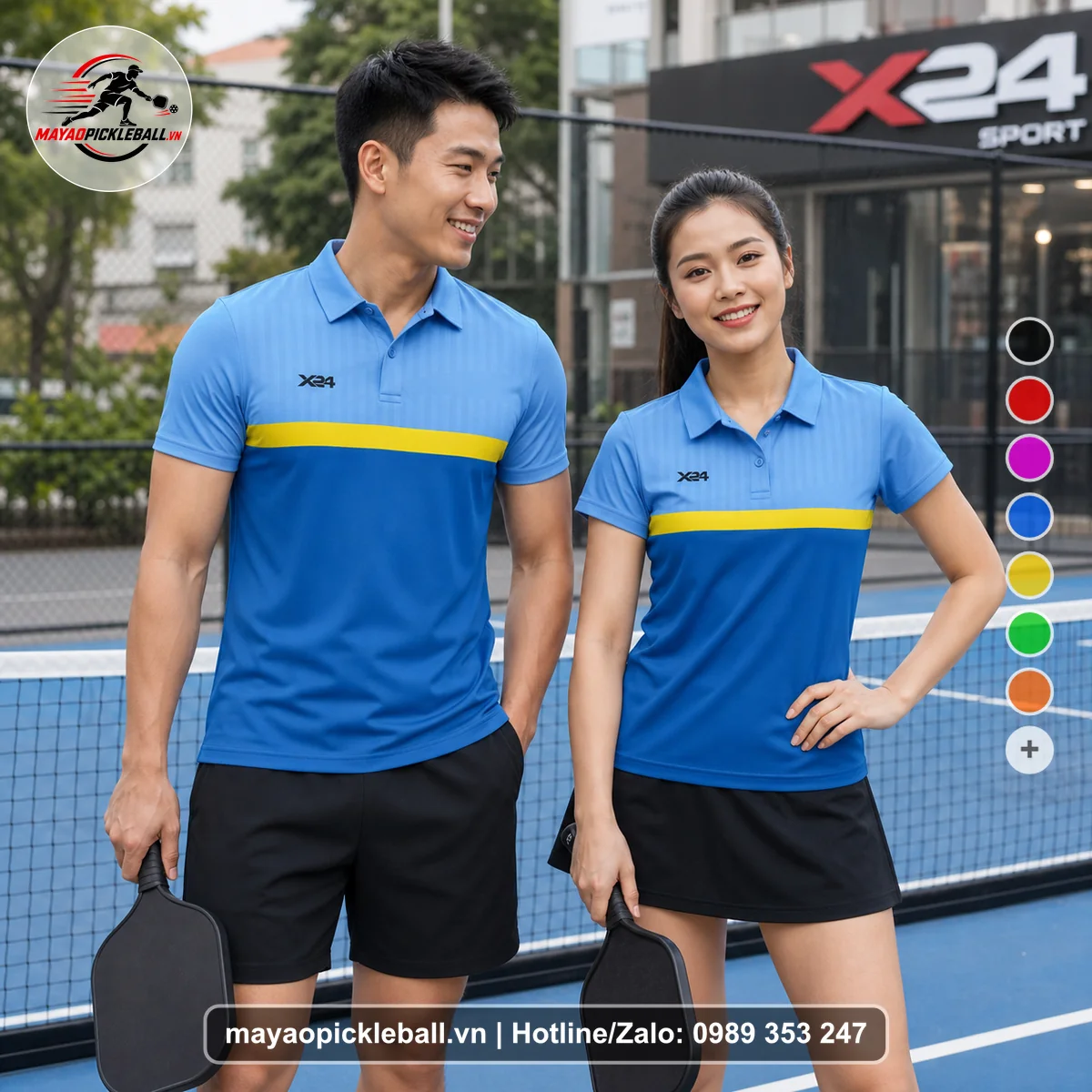 Bộ quần áo pickleball X24-PB-533 xanh bích, xanh da trời, vàng áo có tay có cổ
